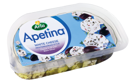 Arla® Apetina® white cheese cubes in brine with black olives